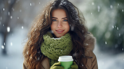 a beautiful smiling girl walking in winter. the woman is dressed in a winter coat, she is happy,...