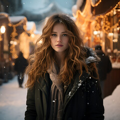 a beautiful smiling girl walking in winter. the woman is dressed in a winter coat, she is happy,...