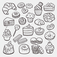 Dessert products isolated on white background. Cupcakes, sweets, ice creams, and pastries. Hand-drawn illustration. Isolated doodle items. Vector illustration. Set 2 of 2.