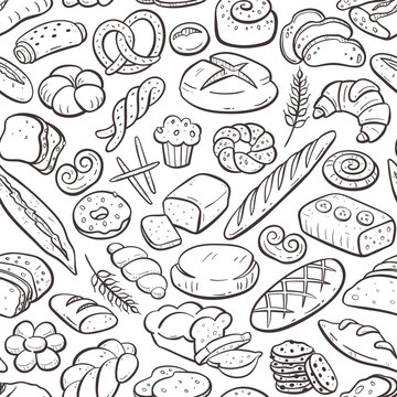 Bread and bakery products seamless pattern. Hand-drawn doodle illustration. Isolated baked good set. Repeat pattern. Vector illustration.