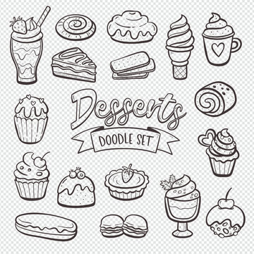 Dessert products isolated on white background. Cupcakes, sweets, ice creams, and pastries. Hand-drawn illustration. Isolated doodle items. Vector illustration. Set 1 of 2.