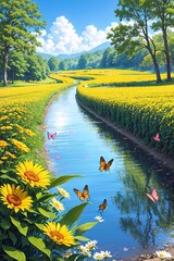 Paradise of field of flowers and butterflies - obrazy, fototapety, plakaty