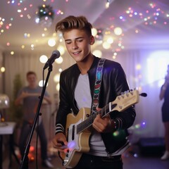 Handsome young man playing guitar at party on blurred lights background