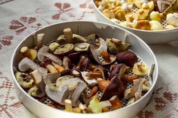 Peeled and cleaned mushrooms prepared for drying a round plate.