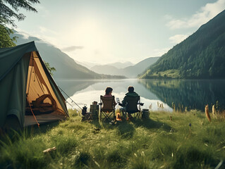 Camping with friends near lake and mountain, camping tent setup near river or mountain on afternoon or morning, hiking and camping on hill-side, enjoying vacation on camping, ai generated