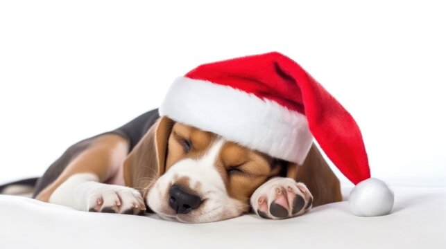 Adorable Beagle Puppy in Festive Red Hat Sleeping Peacefully During the Christmas Holidays