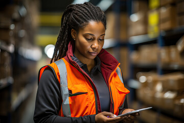 Naklejka premium African-American Woman Warehouse Manager with Smartphone