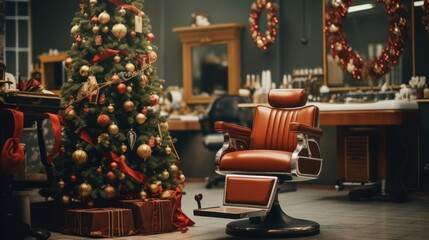 Naklejka premium Barbershop Christmas: Gift-Filled Tree and Chic Barber Chair with Business Card