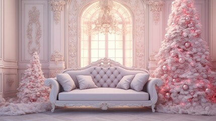 Baroque styled Christmas interior with white & pink tones featuring a cozy couch, lush tree, and ornate molding