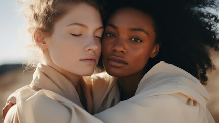 two diversted women hugging each other. lgbt concept