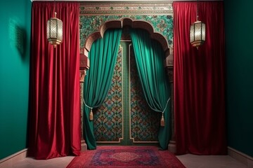 Traditional Moroccan door adorned with green and red curtains, featuring Arabesque designs. VIP Islamic concept, suitable for Ramadan and Eid Mubarak celebrations. Generative AI
