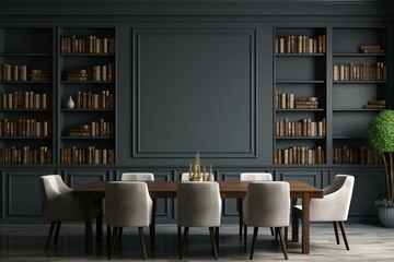 Interior of a gray boardroom with bookshelves. Generative AI