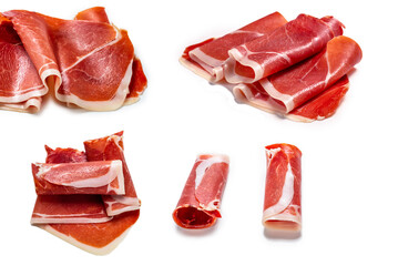 Thinly sliced jamon isolated on white background.