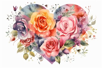 Colorful heart with watercolor floral roses. Generative AI