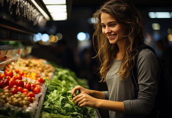 Attractive young woman looking at vegetables. A woman is shopping in a produce section of a grocery store