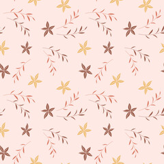 Seamless pattern, small flowers and scattered leaves. Floral rustic background, print, textile, wallpaper, vector