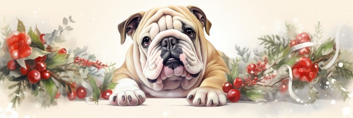  Bulldog Pup: A Watercolor Holiday Wreath with AI Generated Accents - obrazy, fototapety, plakaty