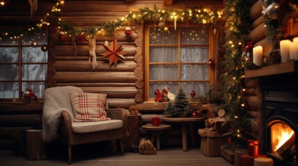 Fototapeta na wymiar Cabin: Garland Lights Adorn Decorated House for Christmas Celebrations