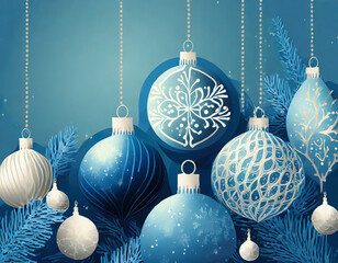 Blue christmas ornaments on blue background. Merry christmas greeting card, banner. Winter holiday