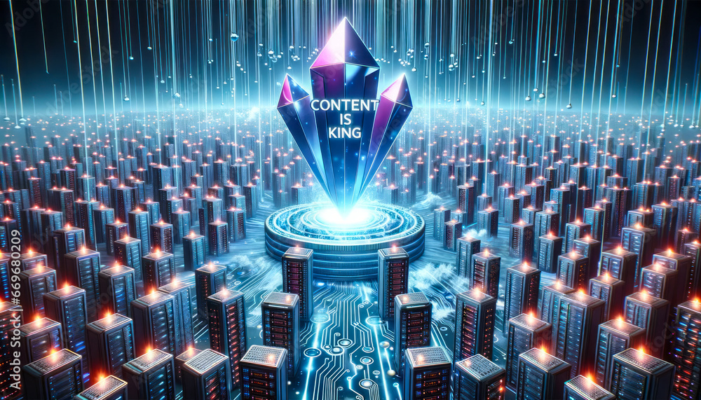 Poster digital ecosystem heartbeat: pulsating crystal projecting content is king amidst data nodes