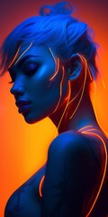 Silhouette of a woman or a girl, close up artistic portrait, neon lights, rim light, night club atmosphere, dark blue purple and orange. Minimal concept of dancing in a club, night life and having fun
