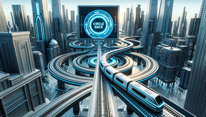 Fototapeta premium Futuristic City Loops: Circle Back Hologram at Magnetic Train Station