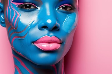 Close up portrait of a woman with makeup and blue painted face. Minimal concept. Pink background with copy space.