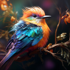 Vividly colored bird in foliage, orange and blue feathers, moody light.