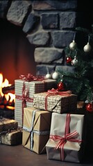 The Christmas tree is surrounded by presents wrapped in festive paper twinkling lights and colorful ornaments