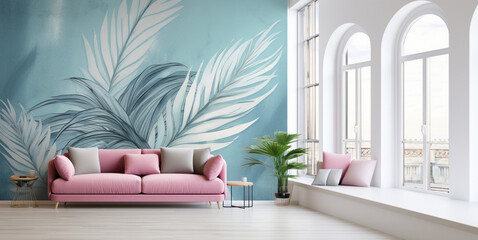 Soft pink sofa with grey,pink pillows,big window ,plant in the corner, Palm leaves painting on the wall 