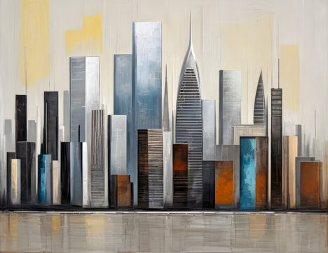 Art style illustration of a fictitious cityscape of a cluster of modern high-rise skyscrapers. Pale yellow, brown and grey color palette.