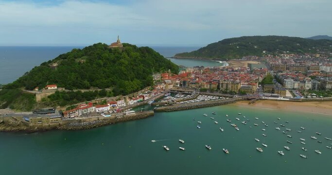 San Sebastian Donostia Spain. Aerial view of the old town center. View of La concha Beach and Bay area