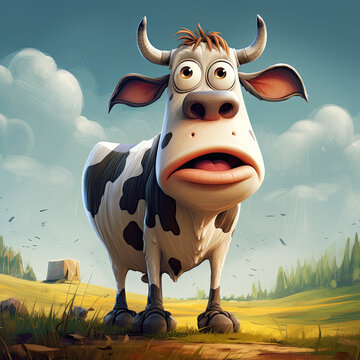 funny cartoon cow on the grass with flat blue sky