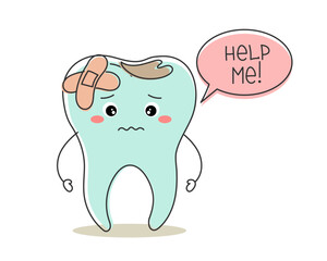 Kawaii unhealthy tooth with dental caries, cute cartoon character. Dental care. Illustration, icon, vector