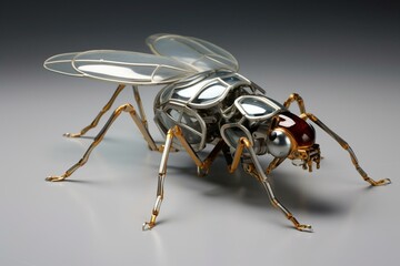 A segmented insect sculpture made of silver body and copper/brass coil legs. Generative AI