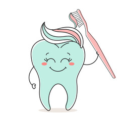 Healthy tooth kawaii character with toothpaste tube and toothbrush, cute cartoon character. Dental care. Illustration, icon, vector