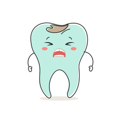 Kawaii unhealthy tooth with dental caries, cute cartoon character. Dental care. Illustration, icon, vector