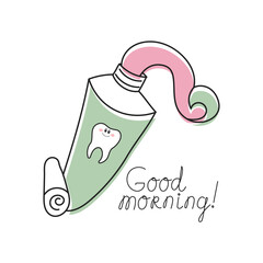 Tube of toothpaste, tooth and lettering Good morning. Cartoon doodle illustration. Dental care. Logo, icon, vector