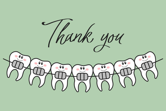 Cartoon kawaii teeth characters with braces and lettering Thank you. Cartoon doodle illustration. Dental care. Logo, icon, vector