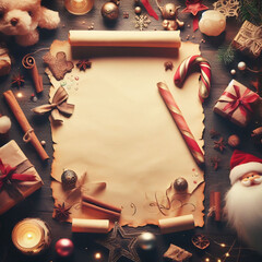 Blank scroll (parchment) with copy space, in a Christmas and Santa Claus theme, for a recipe or as a letter to santa reply