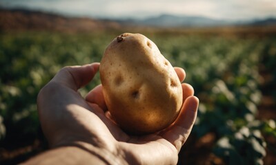 Farmer hands holding freshly harvested organic potatoes close up. Potato tubers in male hands in the garden. First person view