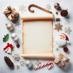 Obraz premium Blank scroll (parchment) with copy space, in a Christmas and Santa Claus theme, for a recipe or as a letter to santa reply