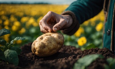 Farmer hands holding freshly harvested organic potatoes close up. Potato tubers in male hands in the garden
