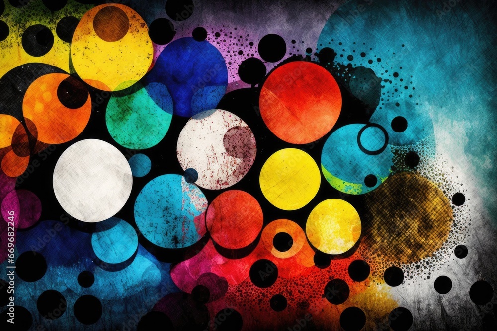 Poster Abstract colorful circles on a grunge background with some stains on it