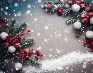 Christmas and New Year holiday background. Xmas greeting card. Snow effect. Flat lay