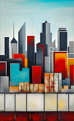 Art style illustration of a fictitious cityscape of a cluster of modern high-rise skyscrapers created from grungy block shapes