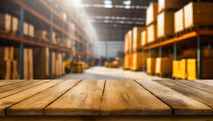empty wooden table and blurred warehouse background product display montage high quality photo