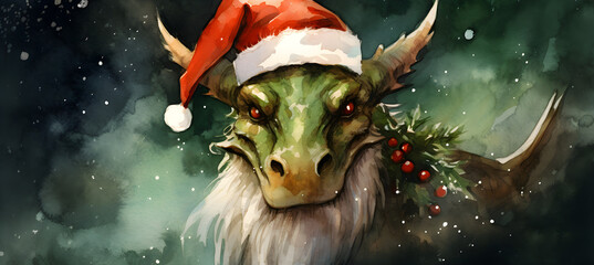 Watercolor illustration of dragon on Christmas background, according to the Chinese calendar, New Year 2024 is under the auspices of the Dragon. - obrazy, fototapety, plakaty