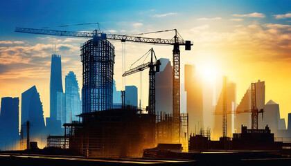 urban evolution silhouetted construction site in modern city background building future skyscraper at dawn engineering marvel high rise in progress - obrazy, fototapety, plakaty