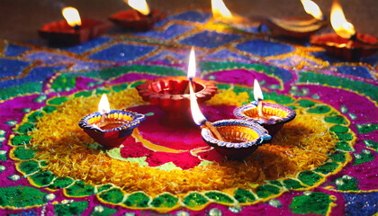 oil lamps lit on colorful rangoli during diwali celebration generative a